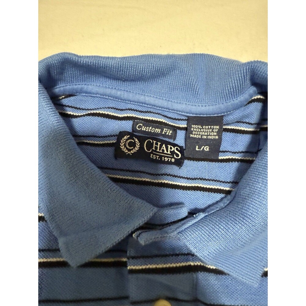 Chaps Mens Short Sleeve Large Polo Shirt Blue White Striped Cotton